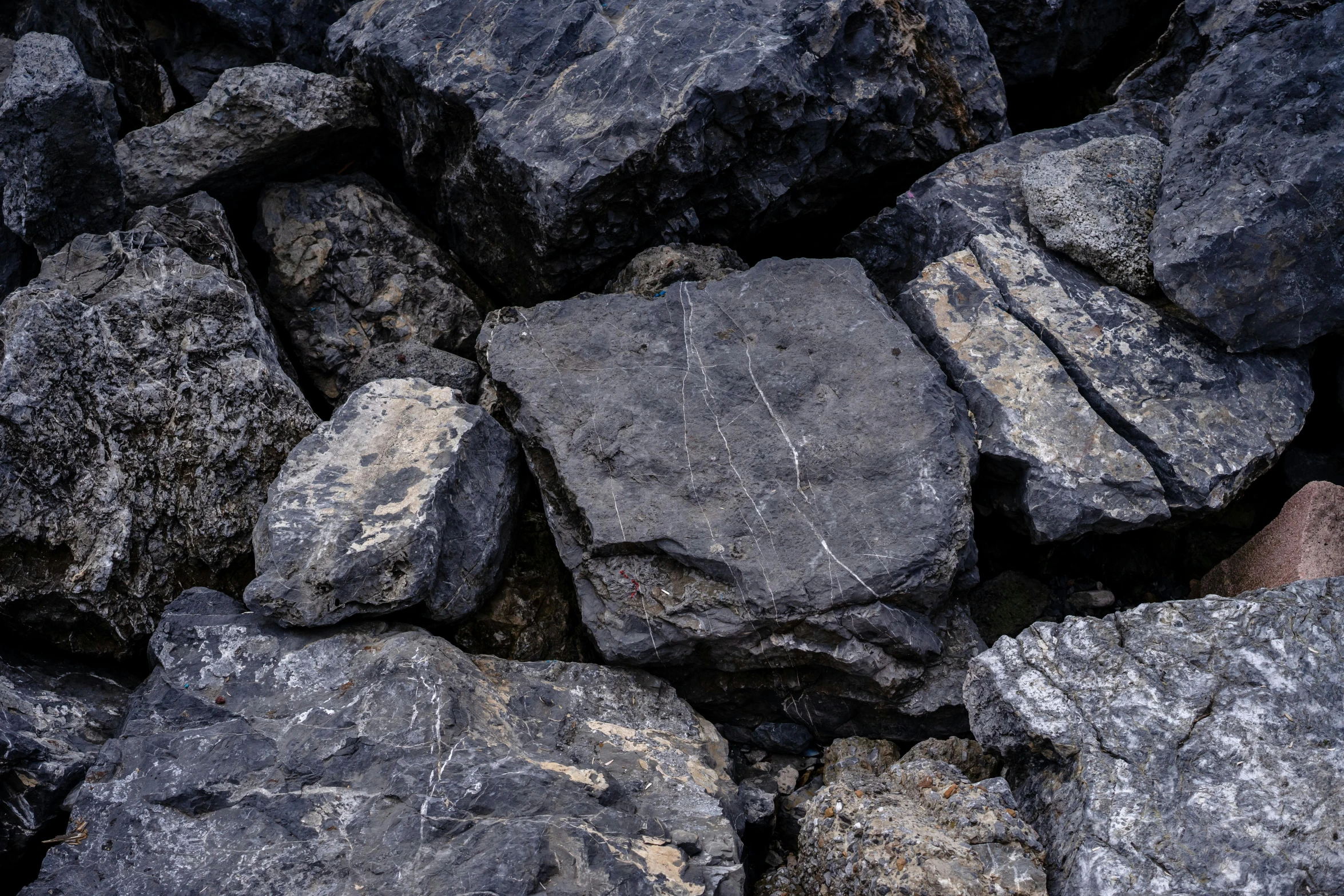 a rock field with gray rocks piled up