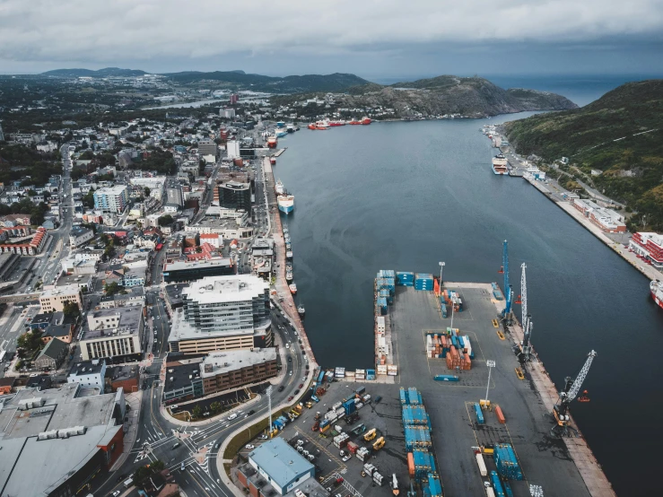 an aerial s of a harbor and dock area