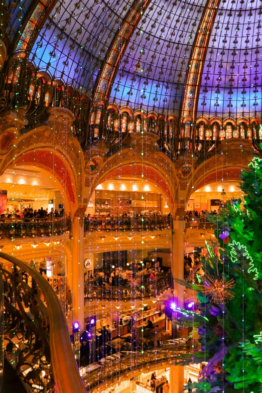 a christmas tree is in the center of this building