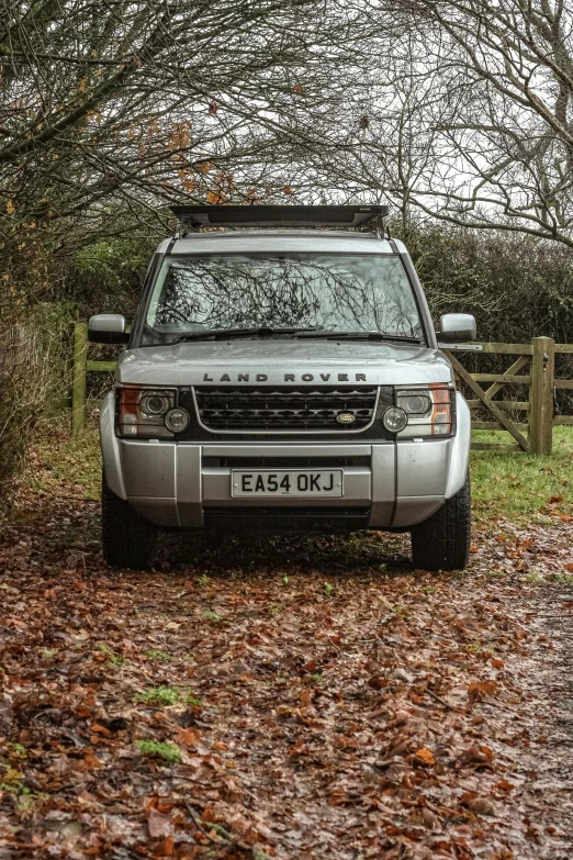 an suv parked in a leaf covered field