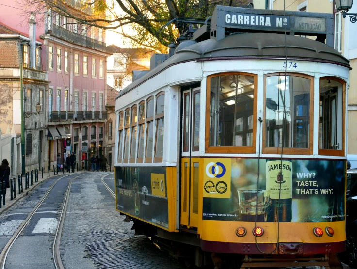 a cable car traveling down the street next to buildings