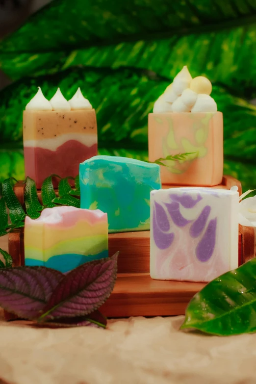 a table has soap bars with different flavors