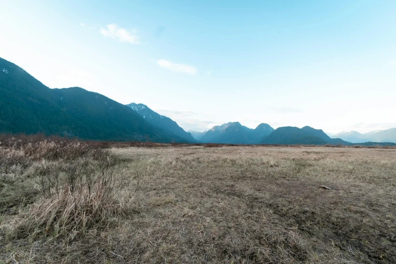 an empty field surrounded by mountains is shown