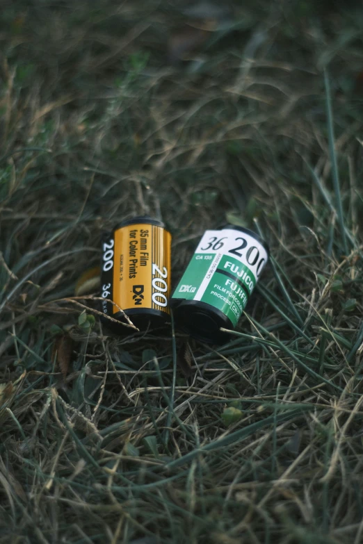a couple of batteries that are sitting in the grass