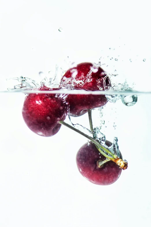 an apple splashes in to the water on a white background