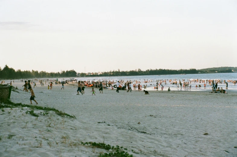 many people are on the beach playing and relaxing