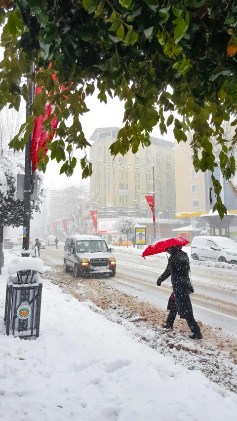 the woman is walking in the snow and holding an umbrella