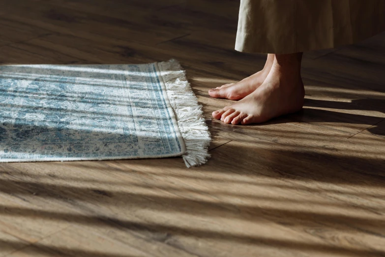 a person standing on top of a wooden floor next to a rug