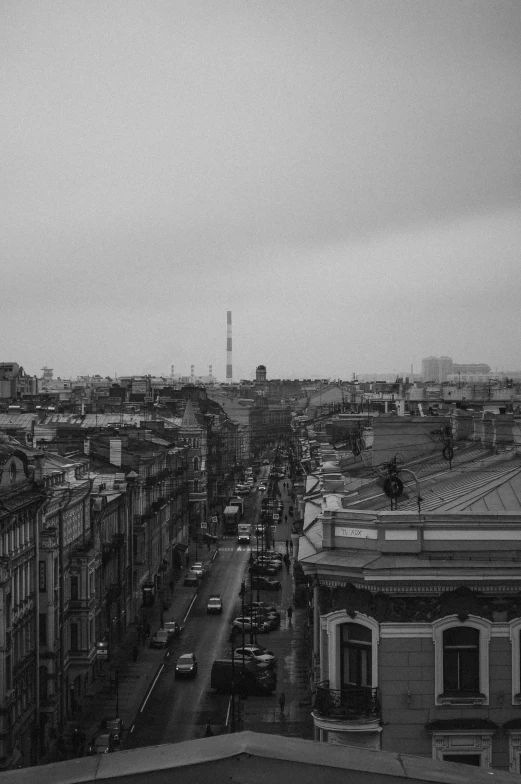 view over a city street in black and white