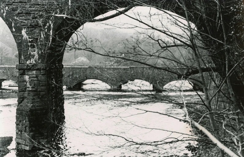 a black and white po of a bridge in winter