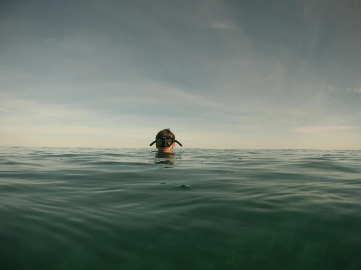 the person is swimming and staring at the water