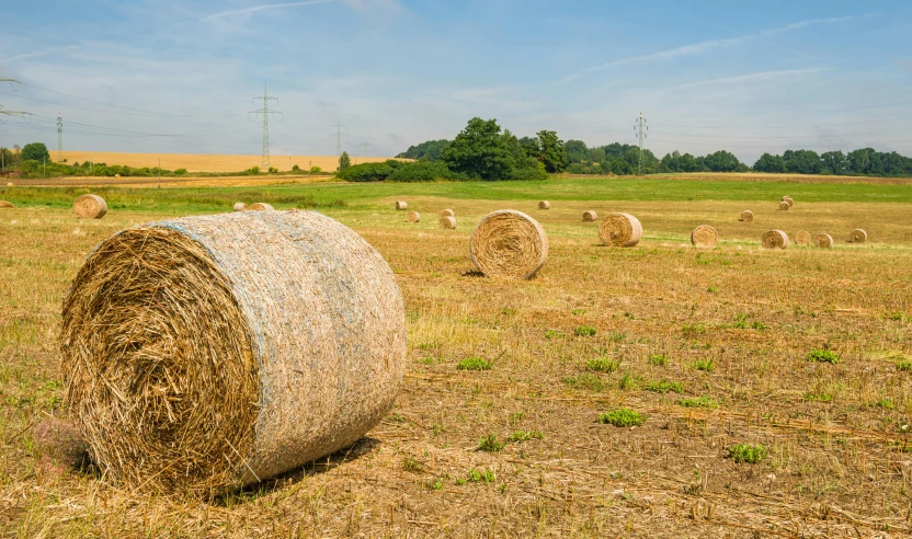 a large hay bail in a big field with many other bales