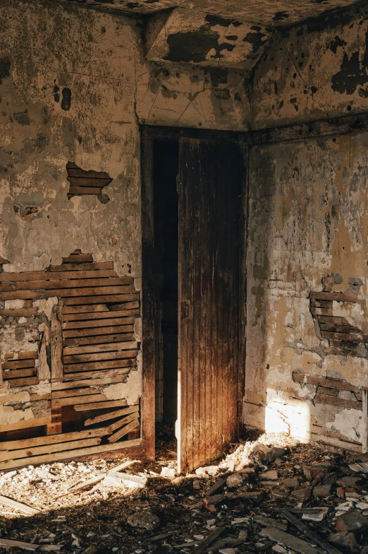 an old door sitting in front of a broken building