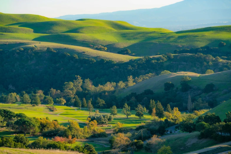 the valley in the mountains is dotted with grass and trees