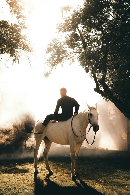 man in black riding on top of a white horse