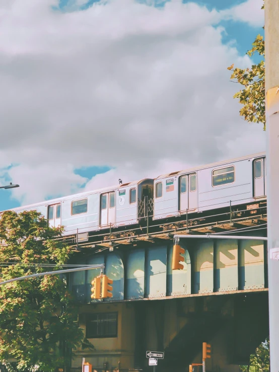 this train is going over the bridge on the tracks