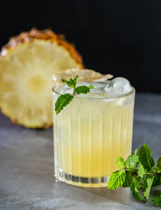 a cocktail with mint on the rim and a cut in half piece