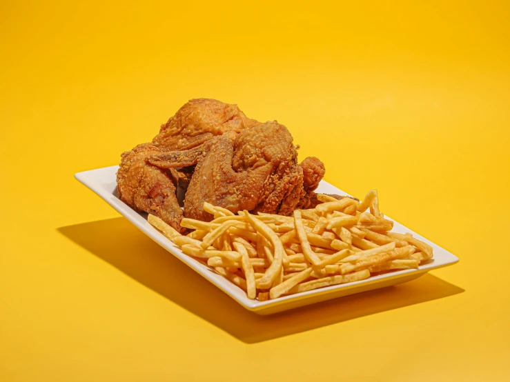 an empty plate with some french fries and chicken wings on it