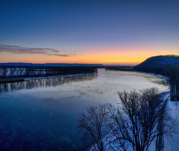 water and land are seen on this frosty morning