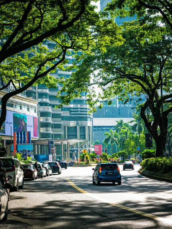 some cars and buildings are on a street