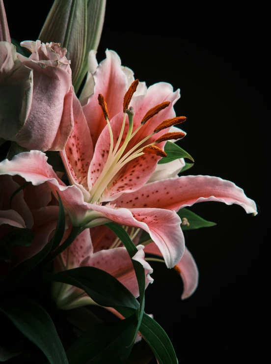 a bouquet of lilies with greenery in the middle