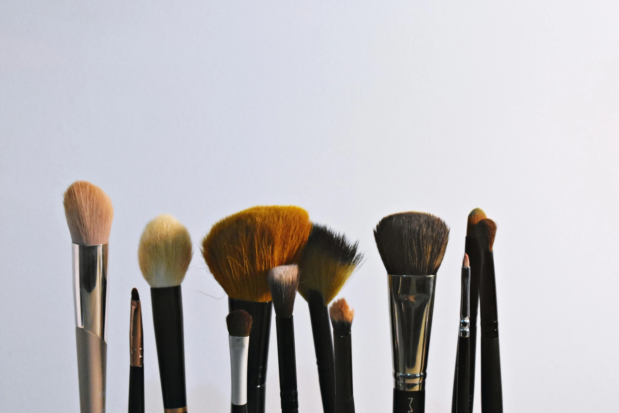 seven brushes in a row, in the middle of a white background