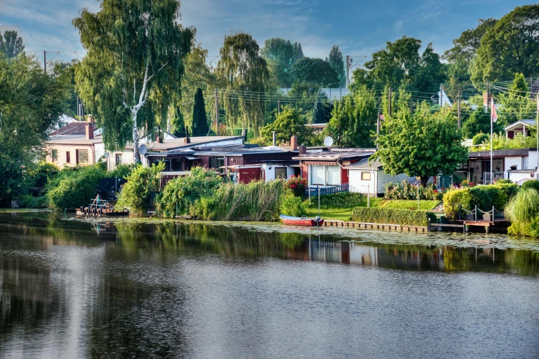 a river runs through a town that includes houses