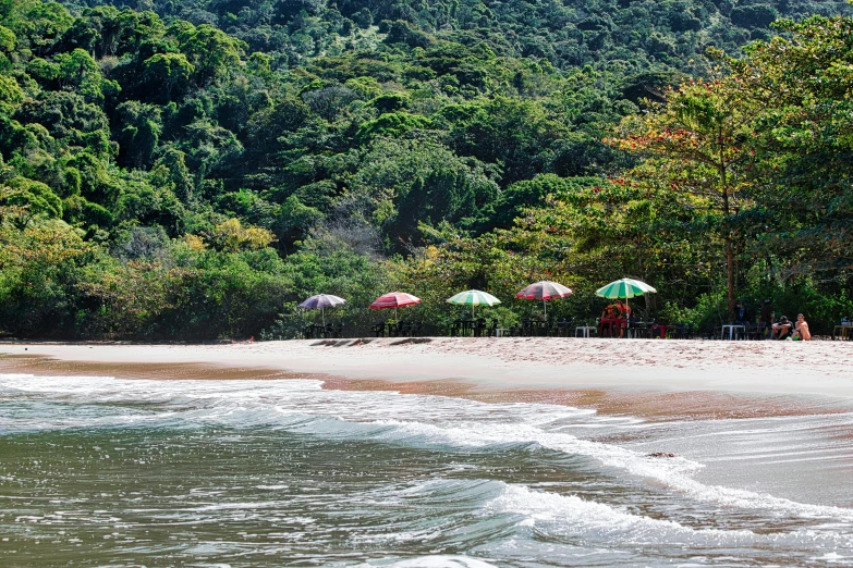 a couple of umbrellas over tables on a beach