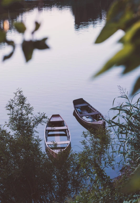 there are two small boats tied to the shore