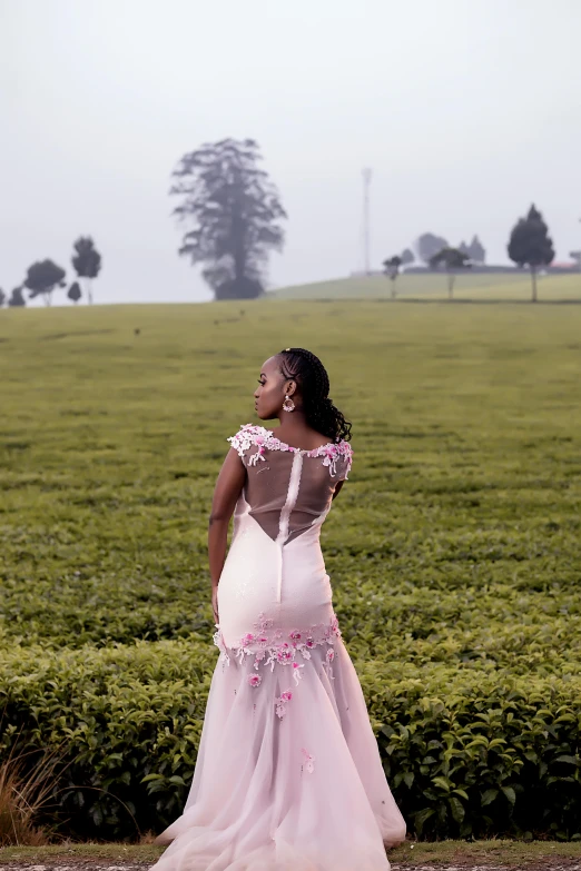 a woman in a long dress standing near a field