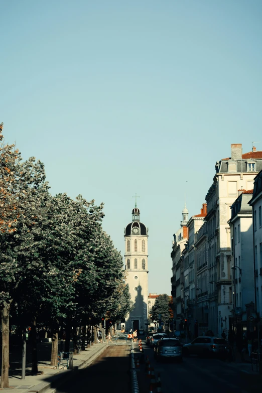 a street in a city near tall buildings