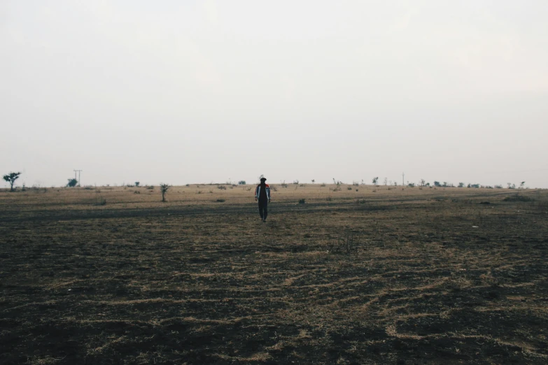 two people walking on an open field with no one around