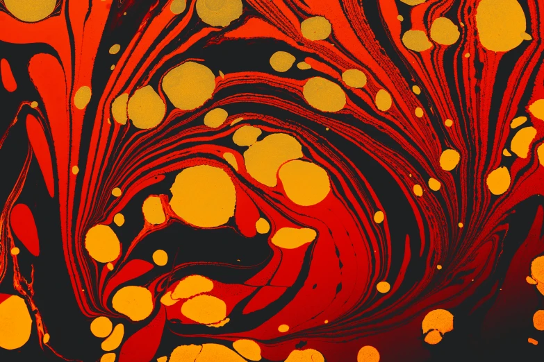 orange and black painting with yellow circles