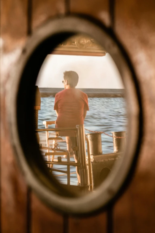 a reflection of a person and water through a mirror