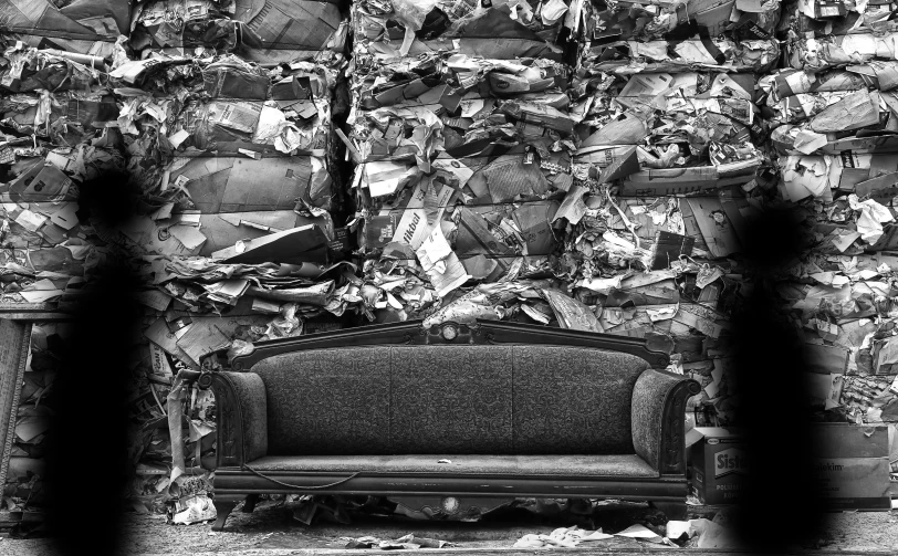 an old bench standing by the wall made of broken up pieces