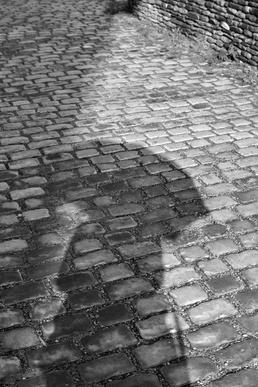 the shadow of a person on a brick sidewalk