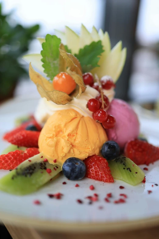 dessert items displayed on a plate with green leaves