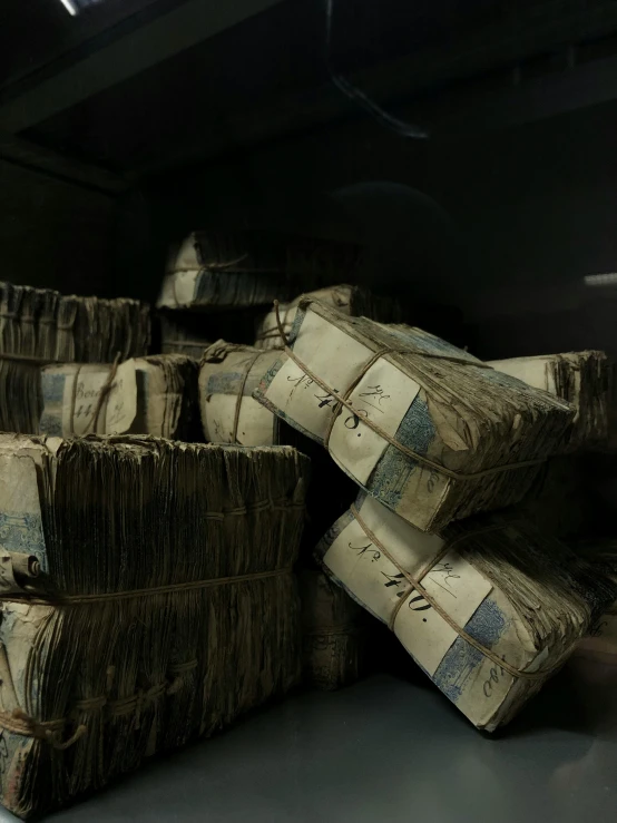 several stacks of old fashioned baskets on display