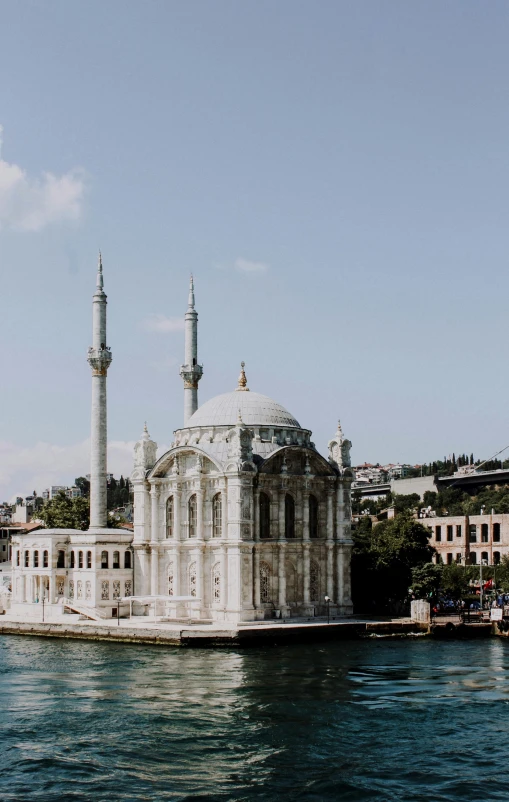 the building has domes on the roof near the water