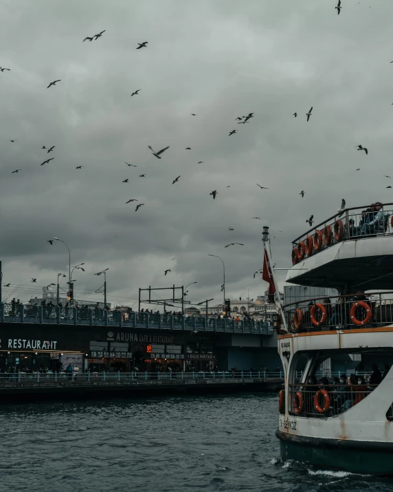 a ship with seagulls flying around