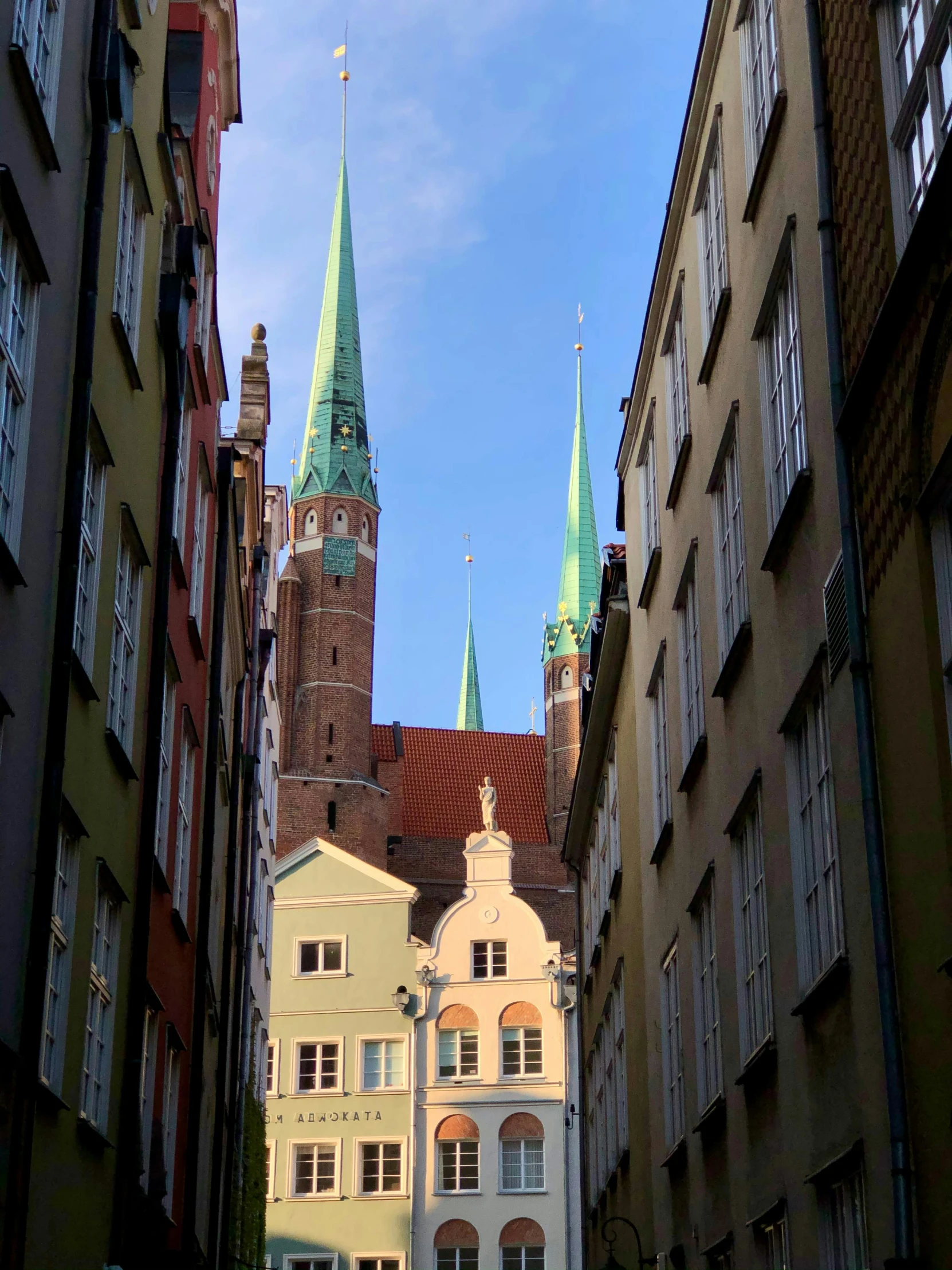 view of steeple tops on buildings, and a building in the middle