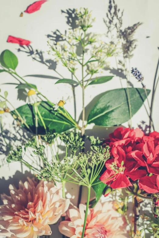 the vases are full of flowers and plants with a bird flying in it