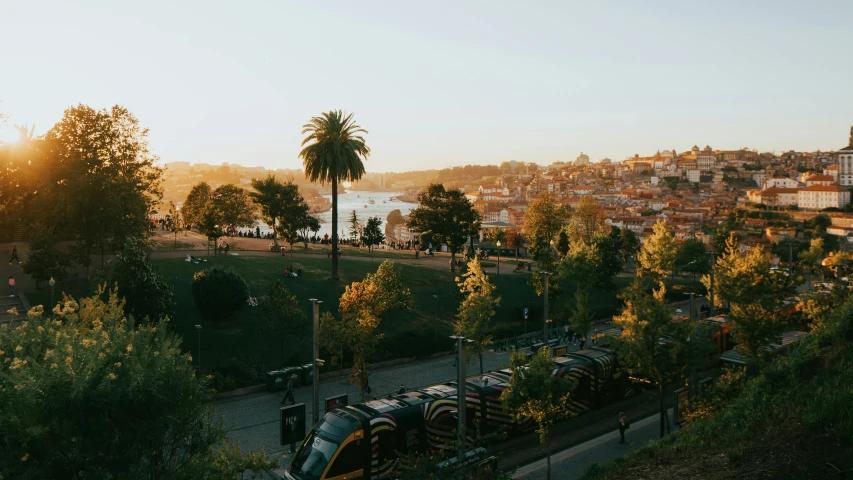 a city landscape with a large lake in the distance