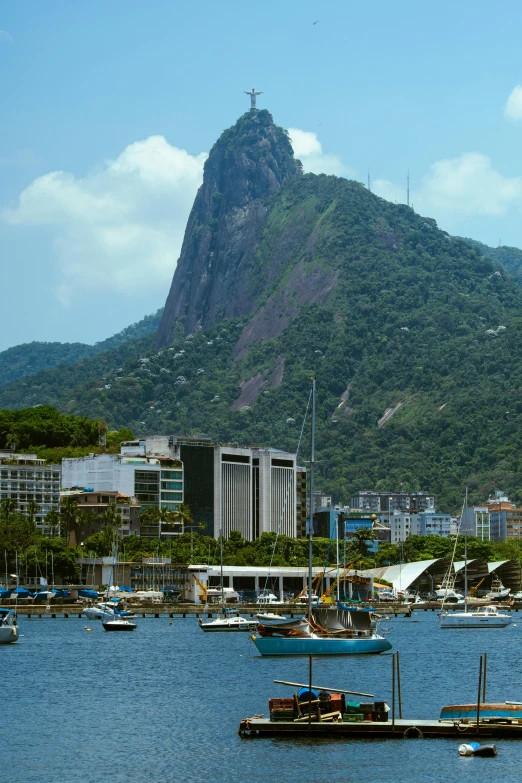 boats docked at a harbor with a city behind a huge mountain