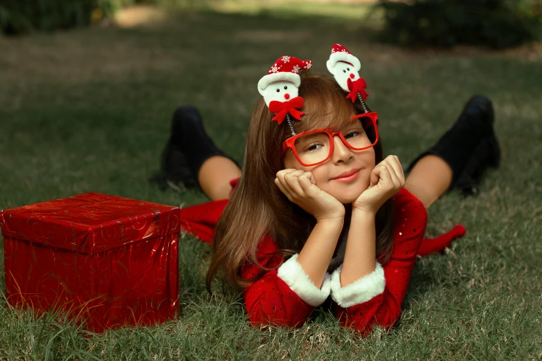 a girl wearing glasses and red sweater lying in grass with a present