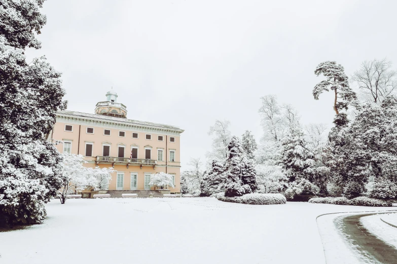 the building is surrounded by trees in winter time