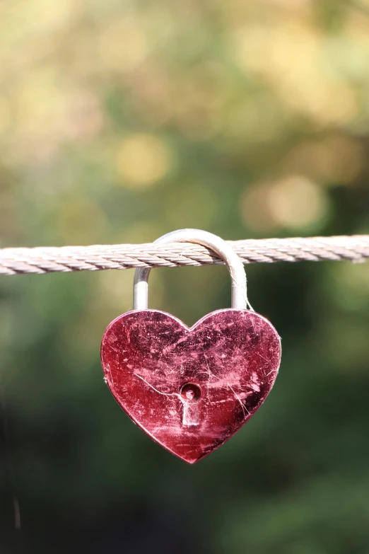 the heart shaped piece of cloth is hanging from a rope