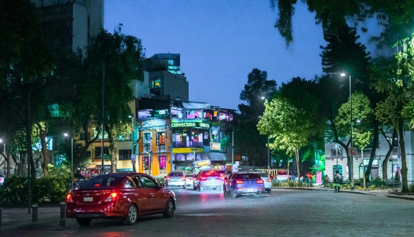 a road with some cars in the middle and many trees