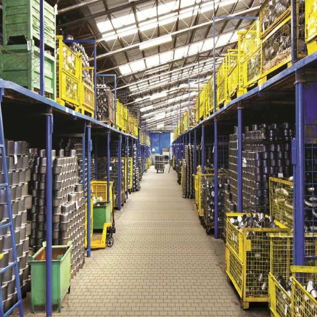 a warehouse with pallets and crates full of equipment