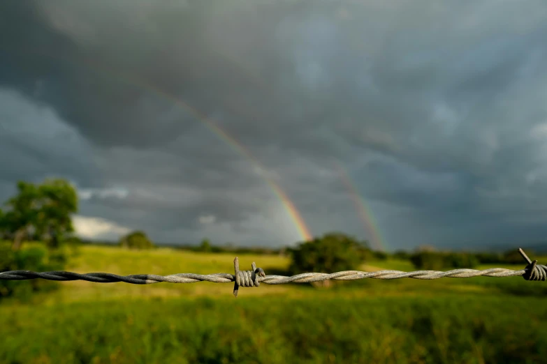 a po of a rainbow and a barbed wire